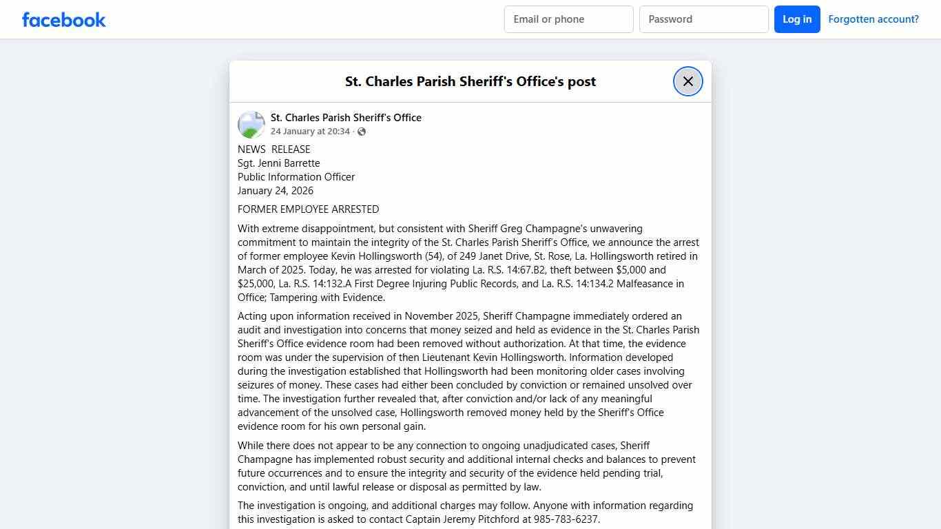 NEWS RELEASE Sgt.... - St. Charles Parish Sheriff's Office Facebook