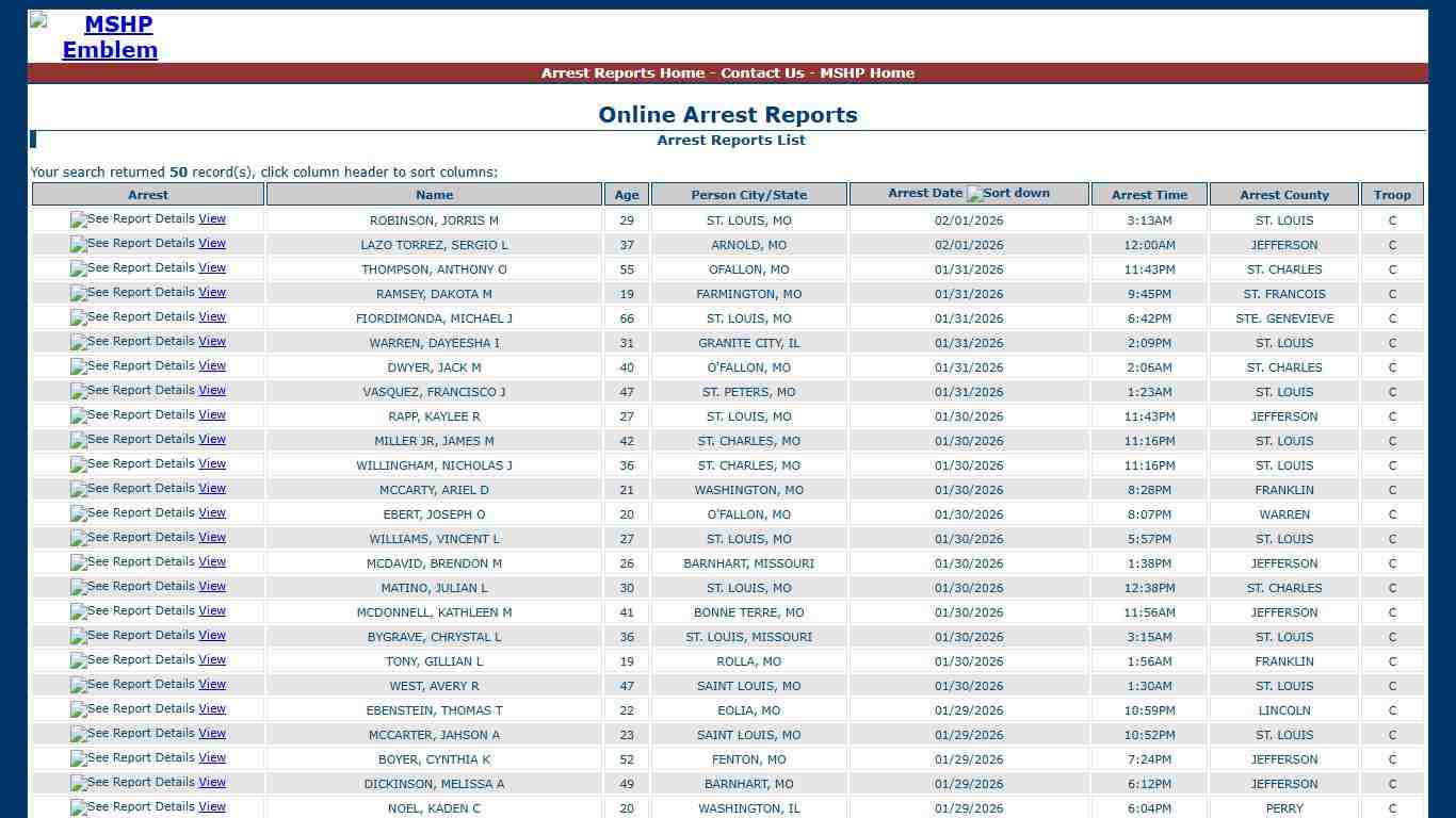 Missouri State Highway Patrol - Arrest Reports List